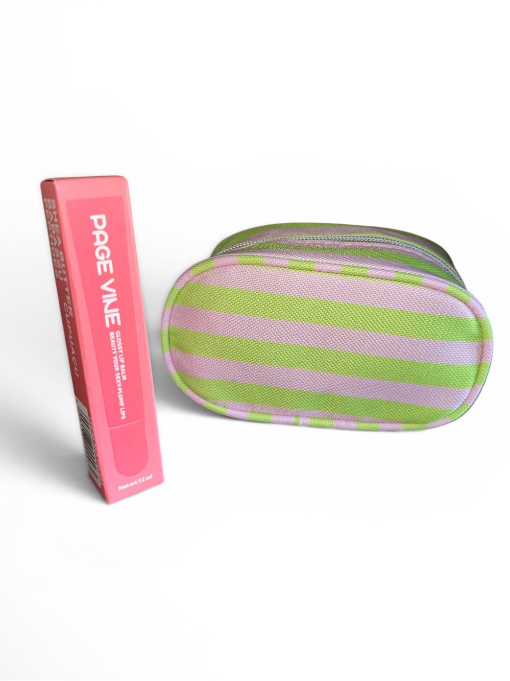 The Crème shop Striped Green & Pink Small Cosmetic Pouch + shea butter peptide